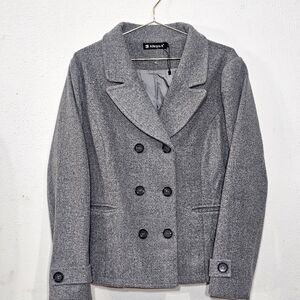 Allegra K Women's Gray Double-Breasted Coat Jacket Suit